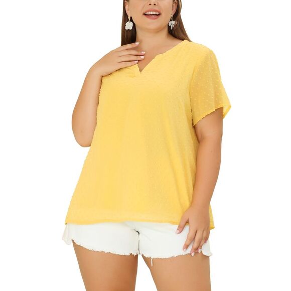 Women's Plus Size Blouses Pin Dots Round Neck Basic Top Yellow - Picture 3 of 6
